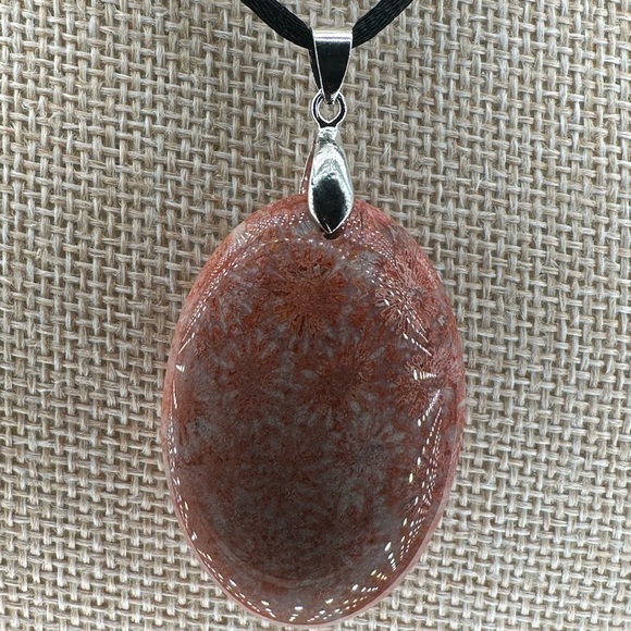 Orange and Pink/Lavender Coral Fossil Oval Pendant on Black Satin Rope - Picture 2 of 12